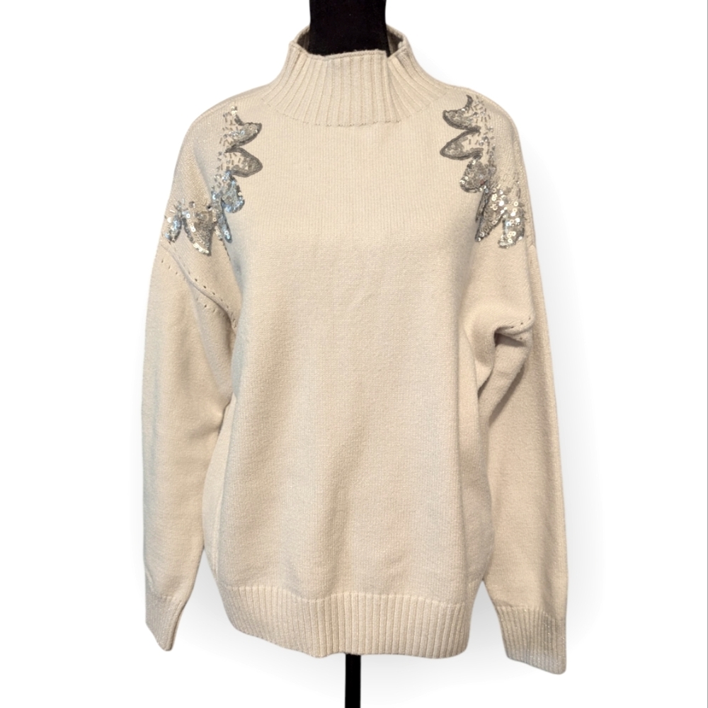 Melanie Lyne Beaded Shoulder Cream Sweater Soft 80s Look